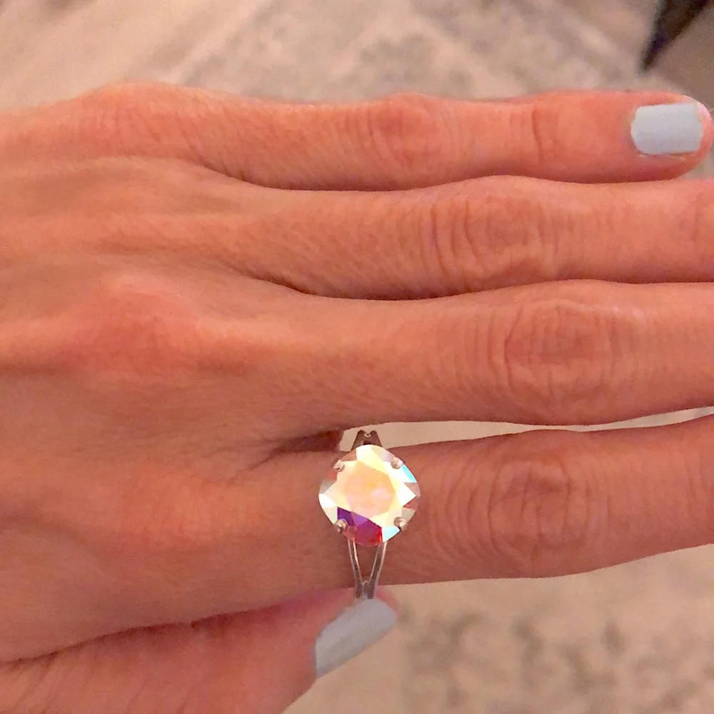 Aurora Borealis + Silver Cushion Cut Crystal Ring